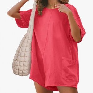 Amazon Coral Red Oversized Tee Romper